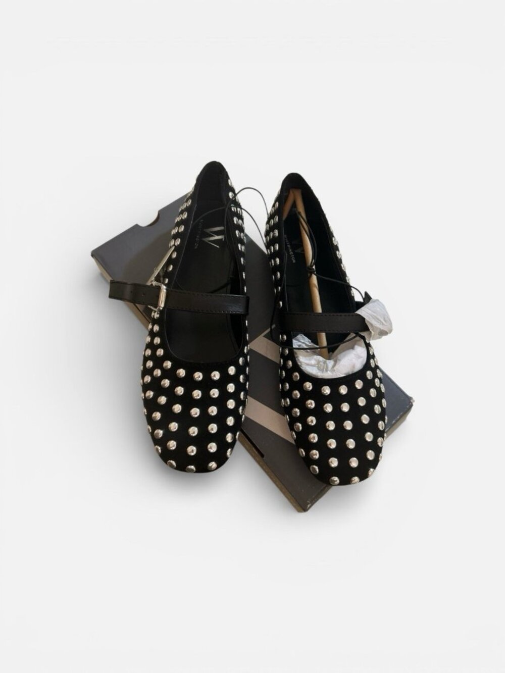Worthington Dazie Black Mary Jane Silver Studded Flats Women Size 7 M
